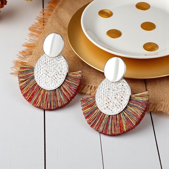 🆕️Boho Chic Rainbow Fan Earrings - Statement Fringe Tassel Summer Style 🌈 - Picture 6 of 12